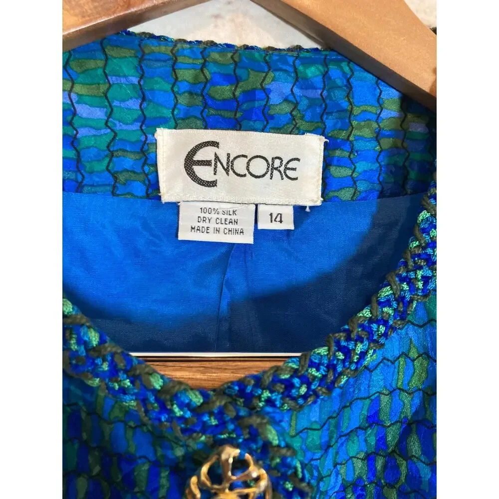 Vintage Encore Silk Jacket Womens 14 Turquoise‎ Watercolor Embroidery Trim